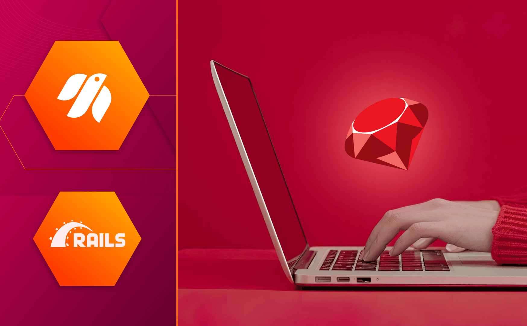 Individual engaged in typing on a laptop, showcasing the Rails logo as part of the digital workspace.