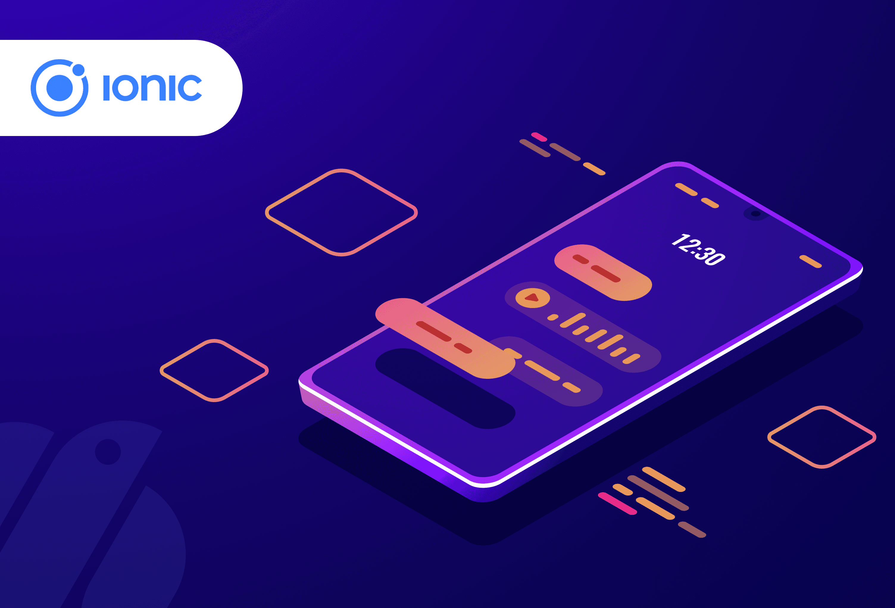 A mobile phone displaying the Ionic app interface for creating mobile apps.